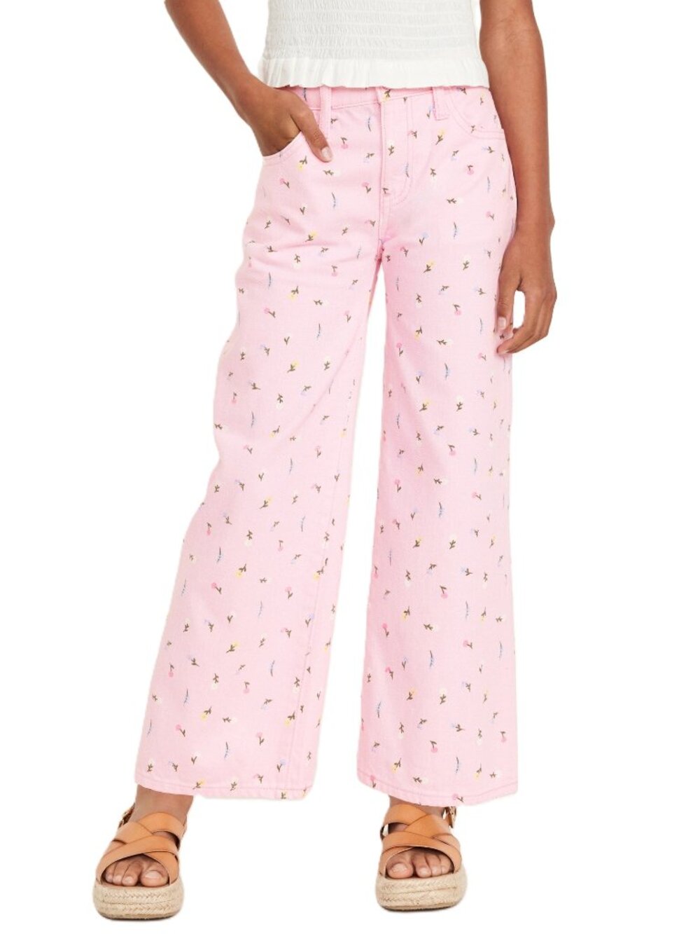 Old Navy Baggy Wide Leg Jeans 18 Girl High Rise Adjustable Waist Pink Floral BTS